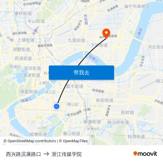 西兴路滨康路口 to 浙江传媒学院 map