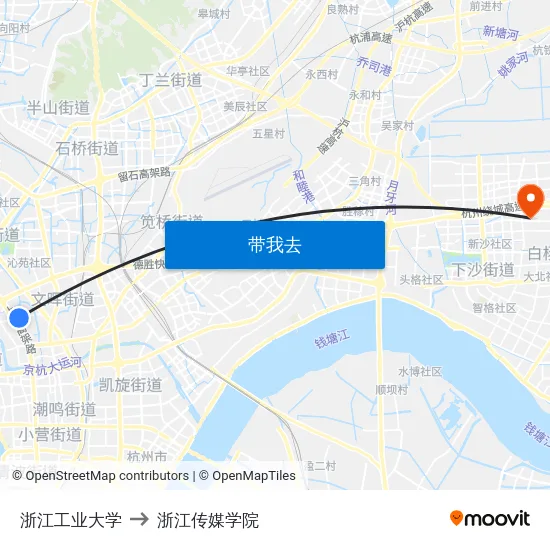 浙江工业大学 to 浙江传媒学院 map