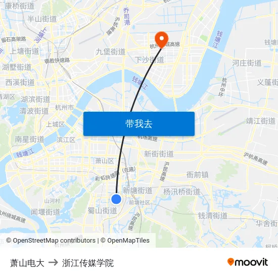 萧山电大 to 浙江传媒学院 map