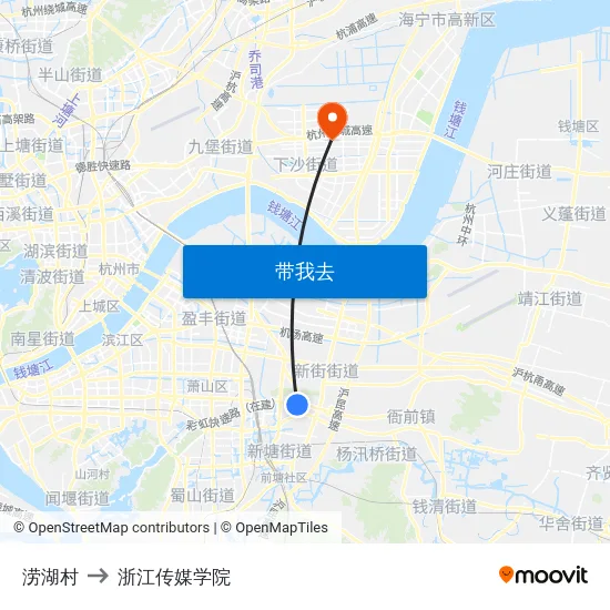 涝湖村 to 浙江传媒学院 map
