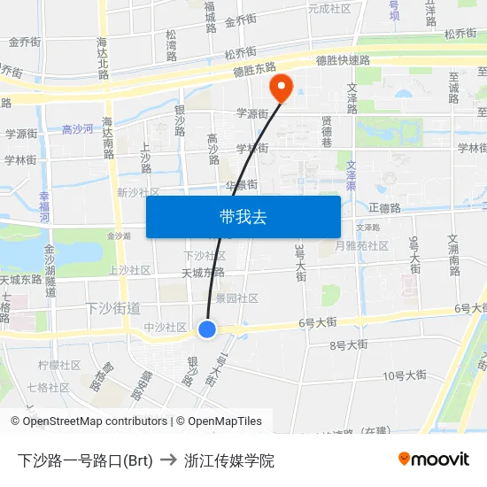 下沙路一号路口(Brt) to 浙江传媒学院 map