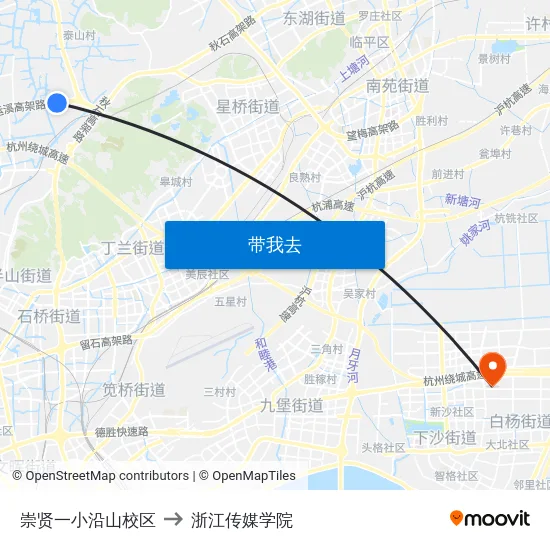 崇贤一小沿山校区 to 浙江传媒学院 map