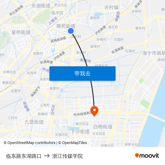 临东路东湖路口 to 浙江传媒学院 map