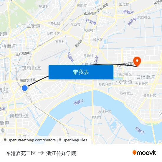 东港嘉苑三区 to 浙江传媒学院 map