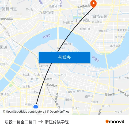 建设一路金二路口 to 浙江传媒学院 map