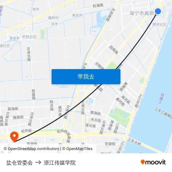 盐仓管委会 to 浙江传媒学院 map