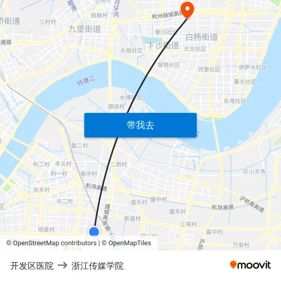 开发区医院 to 浙江传媒学院 map