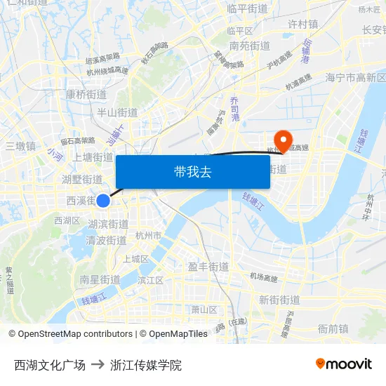 西湖文化广场 to 浙江传媒学院 map