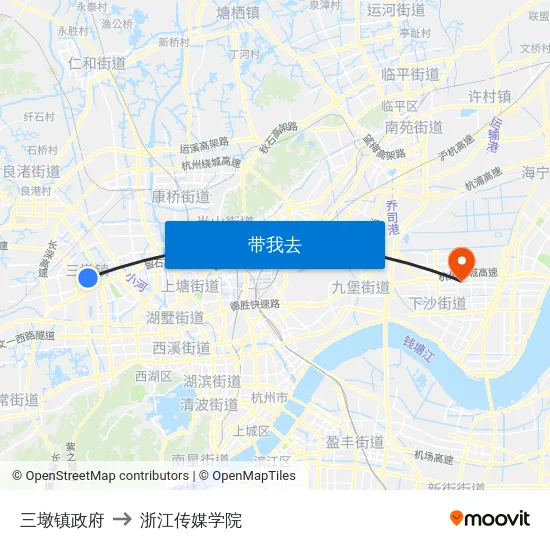 三墩镇政府 to 浙江传媒学院 map