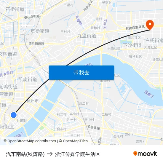 汽车南站(秋涛路) to 浙江传媒学院生活区 map