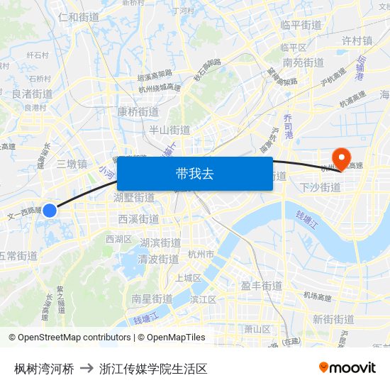 枫树湾河桥 to 浙江传媒学院生活区 map