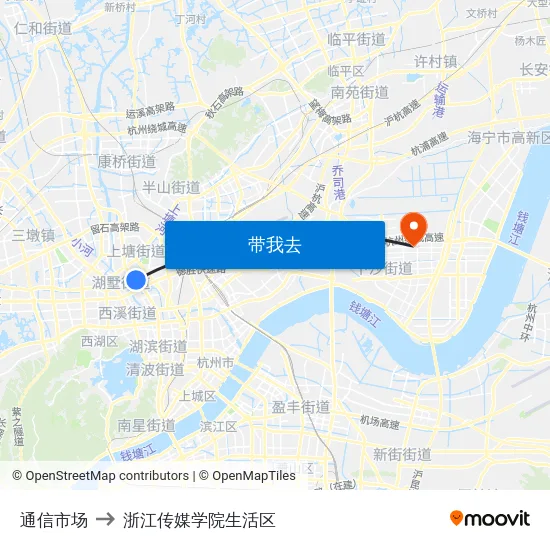 通信市场 to 浙江传媒学院生活区 map
