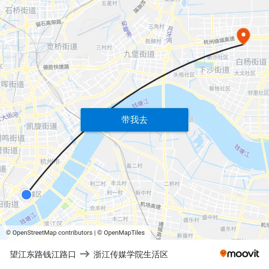 望江东路钱江路口 to 浙江传媒学院生活区 map