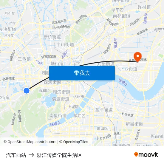 汽车西站 to 浙江传媒学院生活区 map