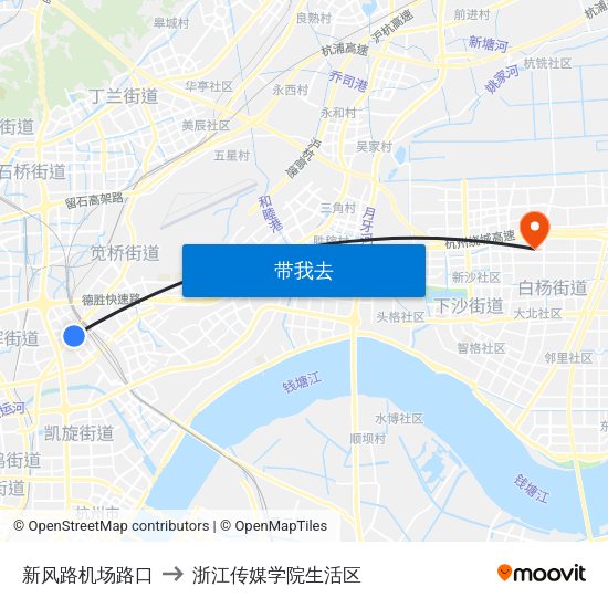 新风路机场路口 to 浙江传媒学院生活区 map