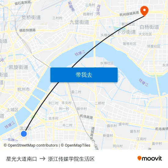 星光大道南口 to 浙江传媒学院生活区 map