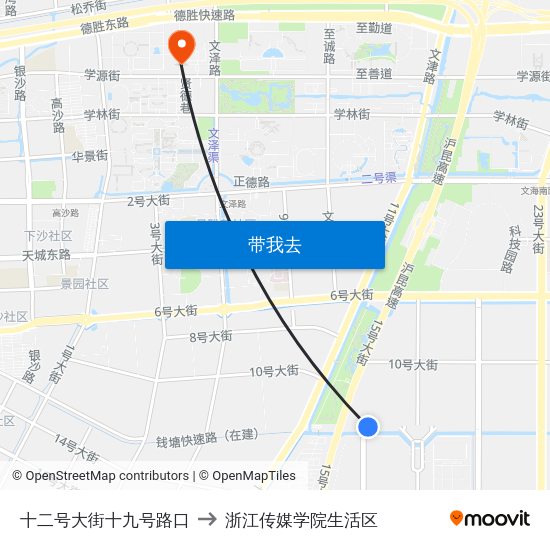 十二号大街十九号路口 to 浙江传媒学院生活区 map