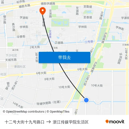 十二号大街十九号路口 to 浙江传媒学院生活区 map