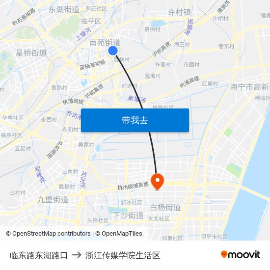 临东路东湖路口 to 浙江传媒学院生活区 map