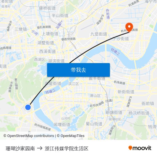 珊瑚沙家园南 to 浙江传媒学院生活区 map
