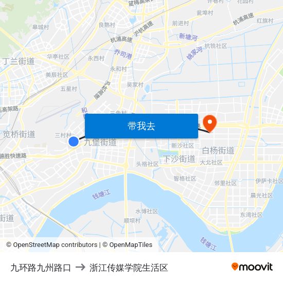 九环路九州路口 to 浙江传媒学院生活区 map