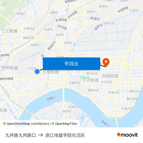 九环路九州路口 to 浙江传媒学院生活区 map