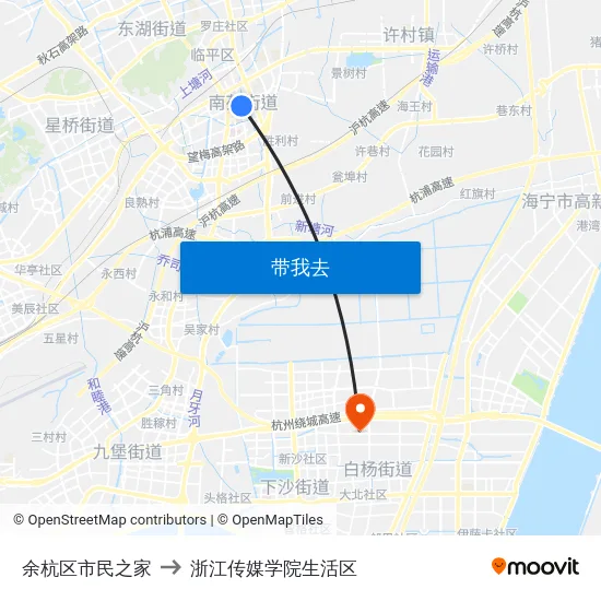 余杭区市民之家 to 浙江传媒学院生活区 map