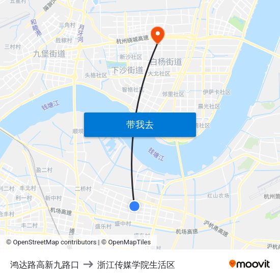 鸿达路高新九路口 to 浙江传媒学院生活区 map