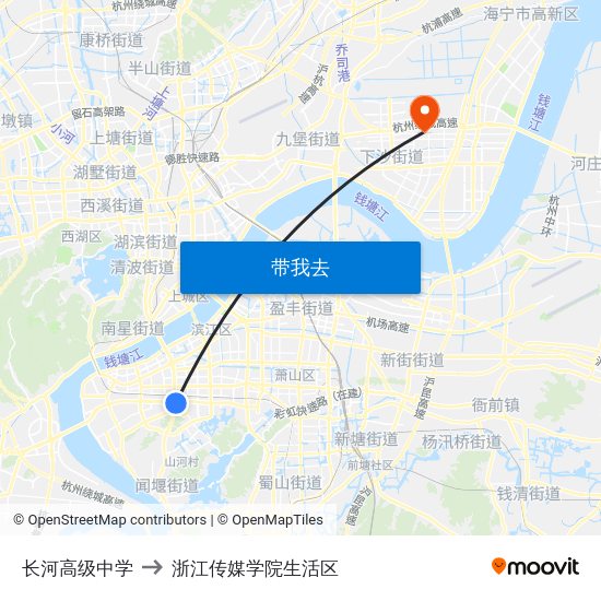 长河高级中学 to 浙江传媒学院生活区 map