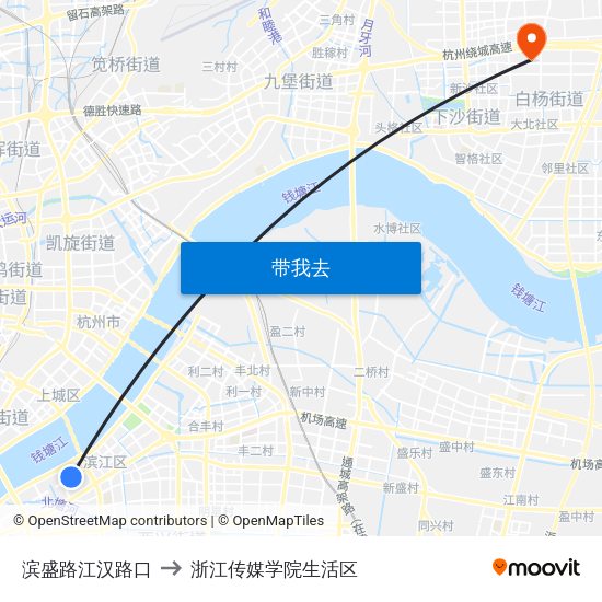 滨盛路江汉路口 to 浙江传媒学院生活区 map