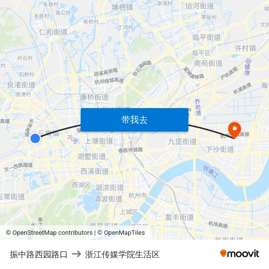 振中路西园路口 to 浙江传媒学院生活区 map