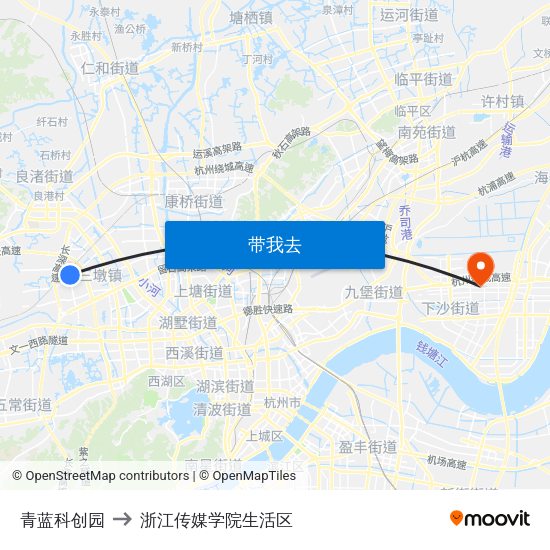 青蓝科创园 to 浙江传媒学院生活区 map
