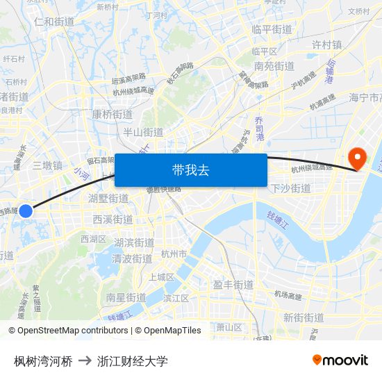 枫树湾河桥 to 浙江财经大学 map
