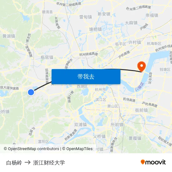 白杨岭 to 浙江财经大学 map