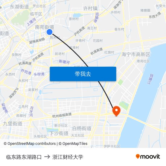 临东路东湖路口 to 浙江财经大学 map