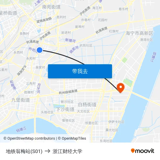 地铁翁梅站(S01) to 浙江财经大学 map