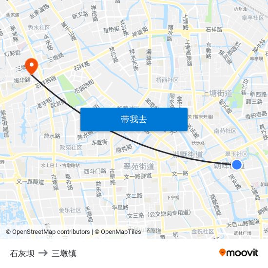 石灰坝 to 三墩镇 map