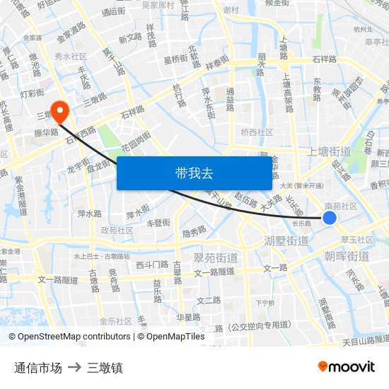 通信市场 to 三墩镇 map