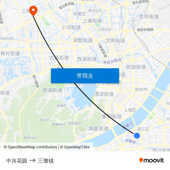 中兴花园 to 三墩镇 map