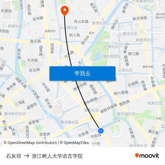 石灰坝 to 浙江树人大学语言学院 map