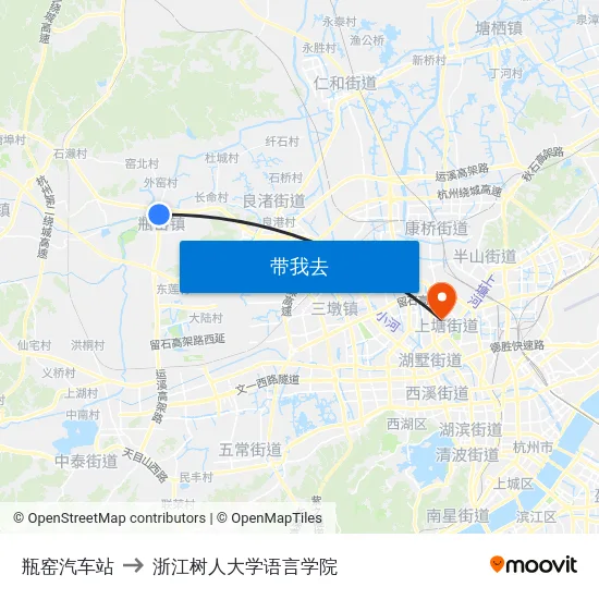 瓶窑汽车站 to 浙江树人大学语言学院 map
