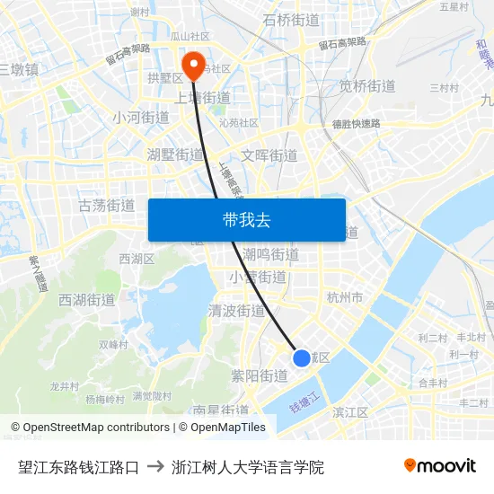 望江东路钱江路口 to 浙江树人大学语言学院 map