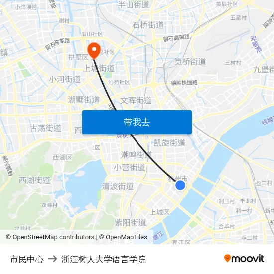 市民中心 to 浙江树人大学语言学院 map