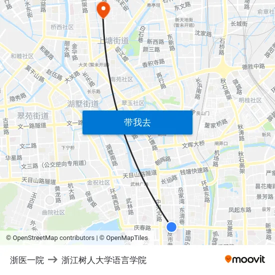 浙医一院 to 浙江树人大学语言学院 map