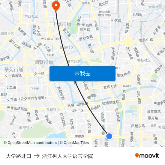 大学路北口 to 浙江树人大学语言学院 map