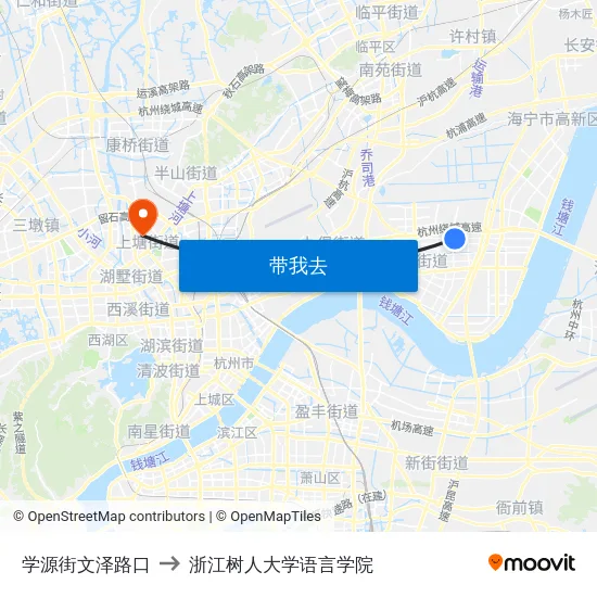 学源街文泽路口 to 浙江树人大学语言学院 map