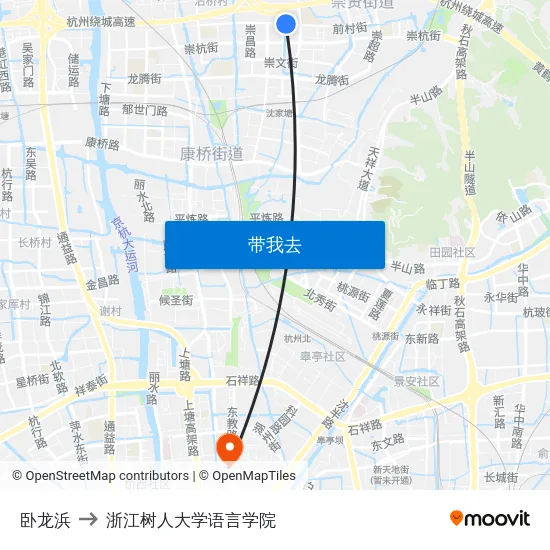 卧龙浜 to 浙江树人大学语言学院 map