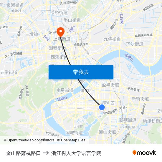 金山路萧杭路口 to 浙江树人大学语言学院 map