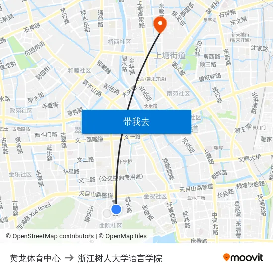 黄龙体育中心 to 浙江树人大学语言学院 map
