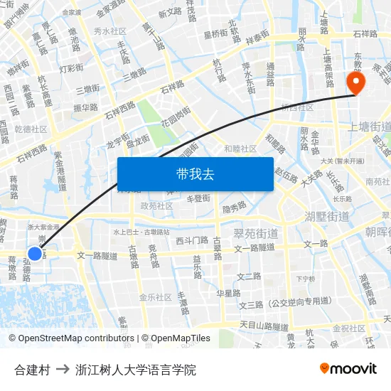 合建村 to 浙江树人大学语言学院 map